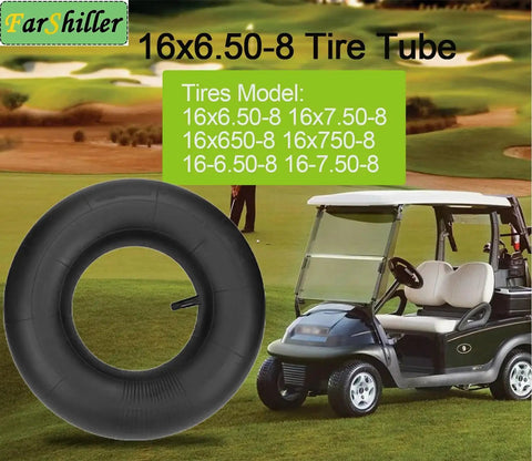 Heavy Duty 16x6.50-8 And 16x7.50-8 Inner Tube With Straight Valve Stem for Lawn Mowers beside golf cart on grass.