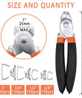 Straight Hog Ring Pliers Kit With 600 Galvanized Rings 150 Per Size 3/8 1/2 3/4 1 Inch Heavy Duty All In One Upholstery Fencing Pet Cages And DIY Binding Set Rust Resistant Steel Pro Grade showing pliers and ring sizes.