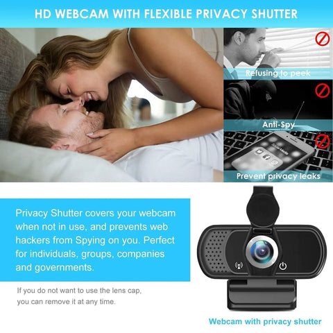 Slick 1080p Webcam With Noise Canceling Mic And Auto Light Correction Plug And Play For PC Laptop Video Calls Work From Home Streaming, features a privacy shutter.