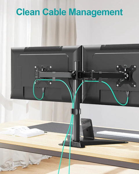 Dual Monitor Stand For 13 To 27 Inch Screens, Free Standing Full Motion Desk Mount With cable management, holds 2 monitors