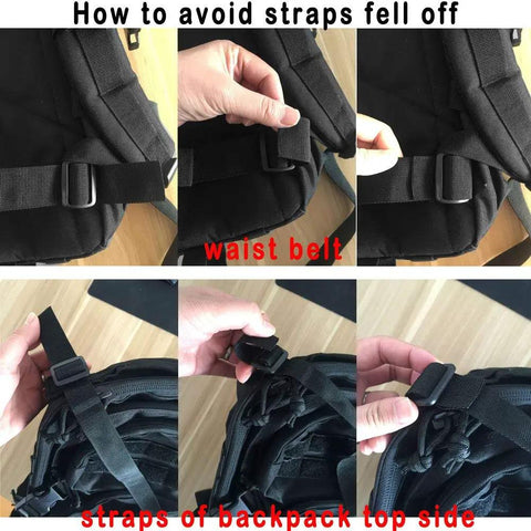 Instructions on securing straps on 40L Tactical Backpack With MOLLE System, preventing strap disconnection, close-up view.