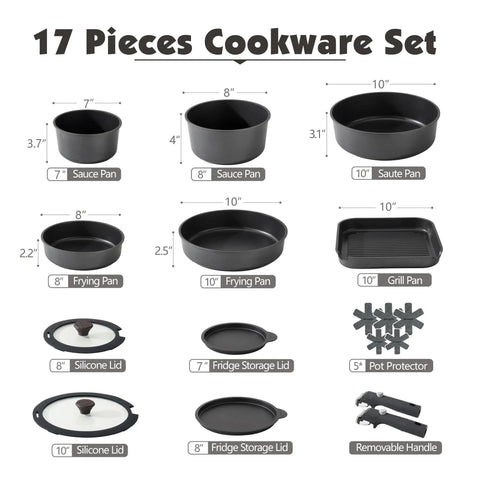 Nonstick 17 Piece Pots And Pans Set With Removable Handles Induction Ready Cookware For RV And Home, showing various pan sizes and accessories