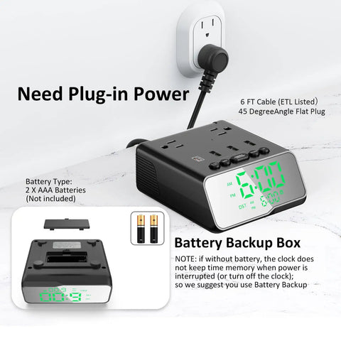 Alarm Clock Charging Station With USB Ports And 2 Outlets 6 Foot Power Cord USB C Port Bedside Nightstand Dock For Home Hotel Dorm Adjustable Brightness On Off Switch, plugged in