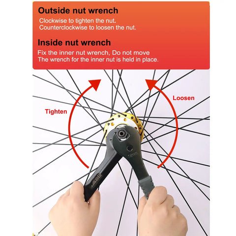 Hands using Bicycle Cone Wrench Set Slim Jaw Bike Cone Spanners 13 14 15 16 17 18 19mm Includes 2 3 4 7 Piece Sets for wheel hub.