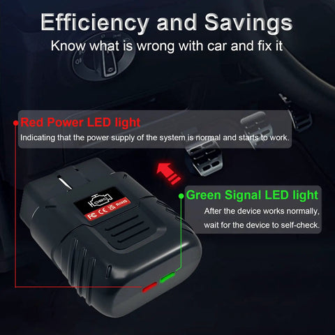 OBD2 Bluetooth Car Diagnostic Scanner For iOS And Android with LED lights indicating power and signal in vehicle interior