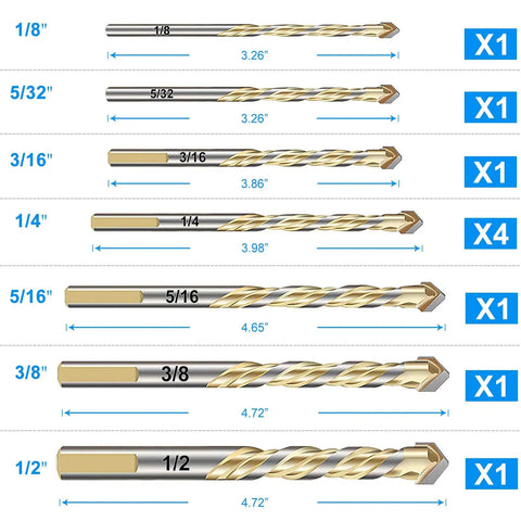 Beefy 10 Piece Masonry Drill Bit Set With Carbide Tips For Ceramic Tile Glass Marble Porcelain Wood Plastic Walls Includes Sizes 1/8, 5/32, 3/16, 1/4, 5/16, 3/8, 1/2 Inch Gold Finish layout