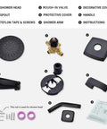Dope Matte Black Tub Shower System components with five spray rain shower head, spout, pressure balance valve, and instructions.