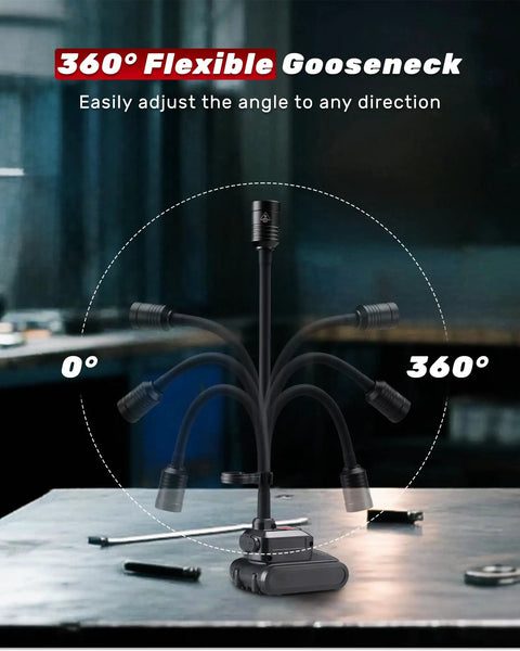 360-degree flexible gooseneck of Magnetic Gooseneck Work Light With 4400mAh Rechargeable Battery, 1000 Lumen LED Light For Workbench