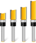 Set of four yellow router bits for Four Piece Flush Trim Router Bit Set With One Quarter Inch Shank And Top Bearing Great For Woodworking