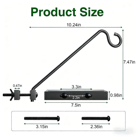 Heavy Duty Deck Hook Railing Bird Feeder Hanger With Rustproof Coating For Flower Baskets And Outdoor Patio Decor Built Like A Tank With Zero Drill Install Holds Twenty Two Pounds No Sweat Setup size dimensions and screws.