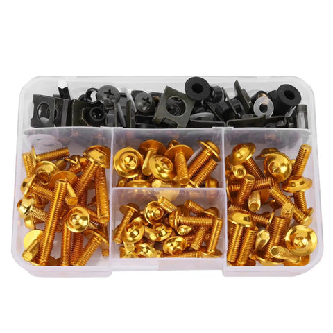 Aluminum M5 Fairing Screw Kit For Sportbikes 177 Piece Set With Washers Universal Fitment Gold Color Durable Hardware For Replacement Panels And Easy Install On Most Bikes, gold screws in organizer