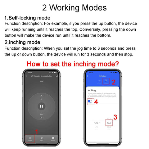 DC7-32V WiFi Smart Linear Actuator Controller app interface on two phones showing self-locking and inching modes.