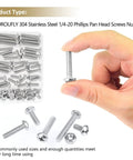 58 Piece Stainless Steel 1/4-20 Phillips Pan Head Machine Screws And Matching Hex Nuts Set with various lengths shown in hand and packaging