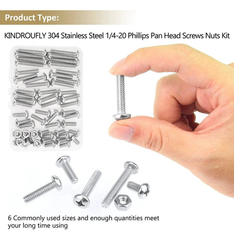 58 Piece Stainless Steel 1/4-20 Phillips Pan Head Machine Screws And Matching Hex Nuts Set with various lengths shown in hand and packaging
