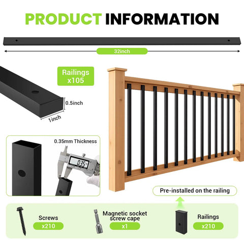 Built Like a Tank 105 Piece 32 Inch Deck Railing Kit with black metal balusters and detailed product dimensions.