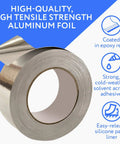 Aluminum Foil Tape 2 Pack 1.9 In By 150 Ft 3.4 Mil Contractor Grade Foil Duct Tape showing roll and features: epoxy resin coated, solvent acrylic adhesive, silicone liner.