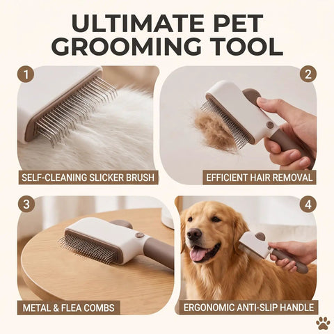 Check Out This Awesome Pet Grooming Kit With A Smooth Self Cleaning Deshedding Brush Rotating Knob And Multi Metal Comb For Fast Fur Removal On Long Or Short Haired Pups Without Any Mess, self-cleaning slicker brush on dog fur