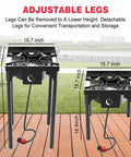 Go To Portable Propane Stove with adjustable detachable legs, shown with dimensions on a wooden deck for outdoor use.