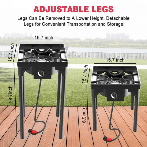 Go To Portable Propane Stove with adjustable detachable legs, shown with dimensions on a wooden deck for outdoor use.