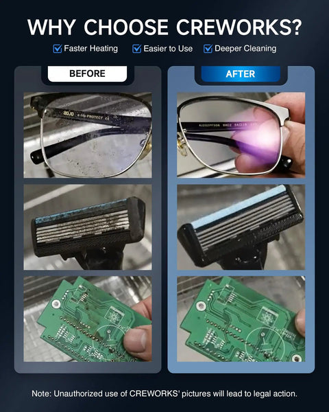 Before and after images of glasses and circuit board cleaner, showcasing the No Sweat Digital Ultrasonic Cleaner With Ample 3L Tank And Degas Plus Gentle Modes.