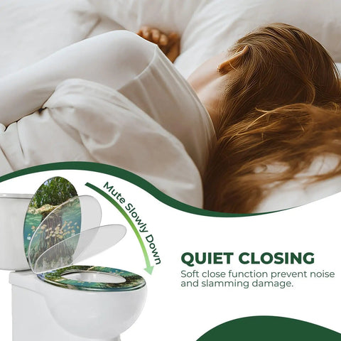 Resin Elongated Toilet Seat for Bathroom in use, featuring quiet close function and nature-inspired design.