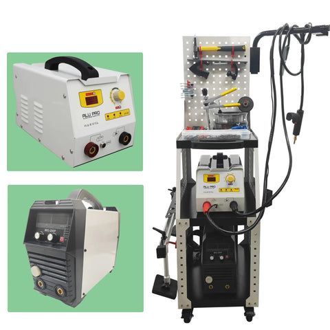 Aluminum Dent Pulling And Welding Machine Car Stud Welder Auto Spot Dent Repair Tool Kit With Digital Inverter Pulse Gas Shielded Welding And M3 To M6 Stud Weld Capability And Professional Tool Cart 220V displayed with tools