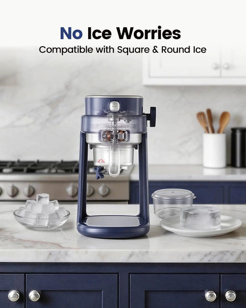 Oplace Home Shaved Ice Machine Electric Snow Cone Maker With Auto Press Button And Blade Adjustment For Slushies Bingsu Quick Ice Crushing One-Press Operation Blue Compact Design on kitchen countertop with ice cubes.