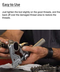 Man using Universal Outside Thread Chaser And Metric Die Set For Thread Repair Tool Three Dies Restore Damaged Threads Fast