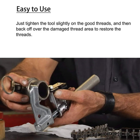 Man using Universal Outside Thread Chaser And Metric Die Set For Thread Repair Tool Three Dies Restore Damaged Threads Fast