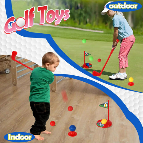 Totally Awesome Toddler Golf Set With Sturdy Rolling Cart Includes Four Beginner Clubs And Bright Durable Balls Perfect For Tiny Pros Ages Three To Five Epic Backyard Play Time. Child swings golf club indoors and outdoors.