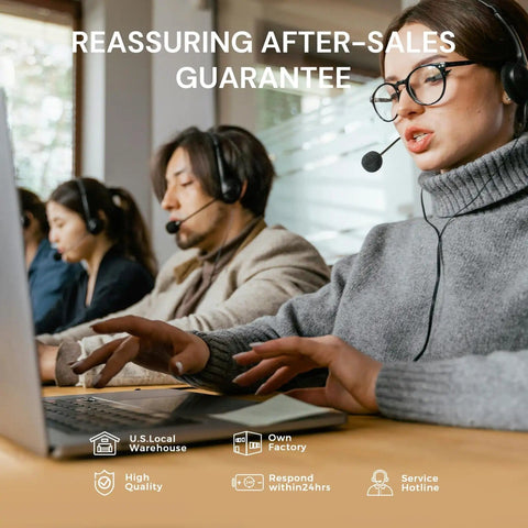 Customer service team providing after-sales support via phone and laptop in an office environment.