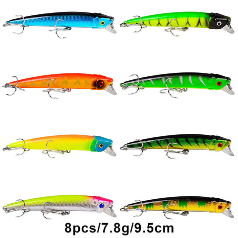 Variety of 8 minnow lures from Beast 43Pc Fishing Lures Set Minnow and Crankbait Tackle Kit; vibrant colors, lifelike design.