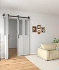 Room with 60 Inch Bi Folding Sliding Barn Door Hardware Kit For Four Doors With Heavy Duty Side Mounted Rollers For Smooth Sliding