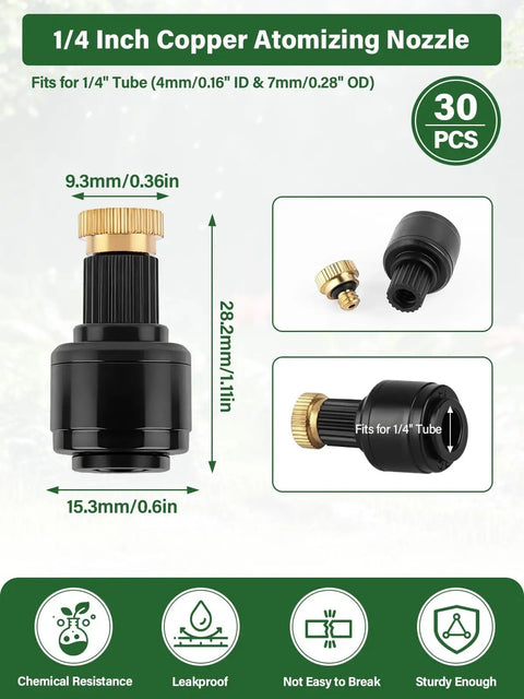 Detailed view of Thirty Piece One Quarter Inch Quick Connect Brass Misting Nozzles Set for Drip Irrigation Sprayer Copper Atomizing Nozzle