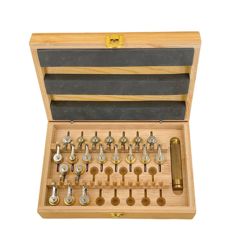 Pro Grade 20 Calibers Watch Mainspring Winder Kit With Barrels And Copper Tools in wooden box open view