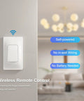 Self Powered Wireless Light Switch And Receiver Kit With 600ft Range, showing kinetic remote control without wiring or battery