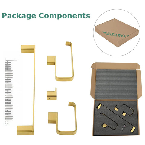Brass Bathroom Hardware Set In Brushed Gold With Towel Ring Towel Bar Toilet Paper Holder And Robe Hook in packaging