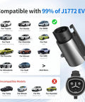 Hassle Free Tesla To J1772 Charging Adapter Max 80 Amps showing compatibility list for J1772 EVs and charging connector.