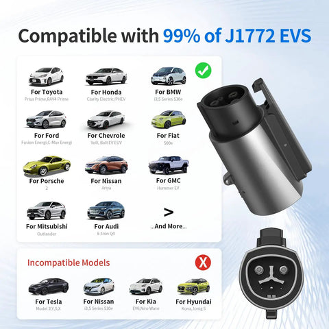 Hassle Free Tesla To J1772 Charging Adapter Max 80 Amps showing compatibility list for J1772 EVs and charging connector.