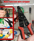 Close-up of All In One Wire Stripping And Crimping Tool For Cables, Cutting And Wiring in use for cutting and stripping wires.