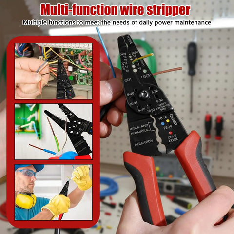 Close-up of All In One Wire Stripping And Crimping Tool For Cables, Cutting And Wiring in use for cutting and stripping wires.