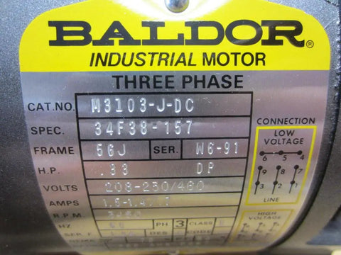 M3103 J DC Motor Three Phase 208 230 460V 3450 RPM industrial motor label showing specifications