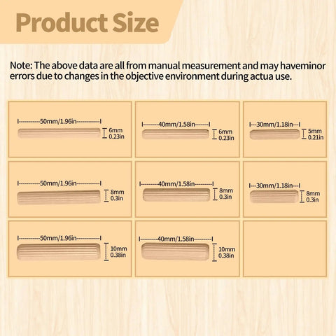 Detailed size chart for Eight Size Fluted Wooden Dowels 225 Pieces In Quarter, Five Sixteenths, And Three Eighths Diameters.