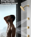 GRANDJOY 12" Ceiling Shower System with Handheld Spray, Brushed Gold featuring body jets and rainfall head in use.