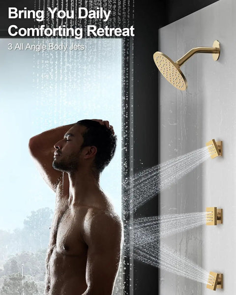 GRANDJOY 12" Ceiling Shower System with Handheld Spray, Brushed Gold featuring body jets and rainfall head in use.