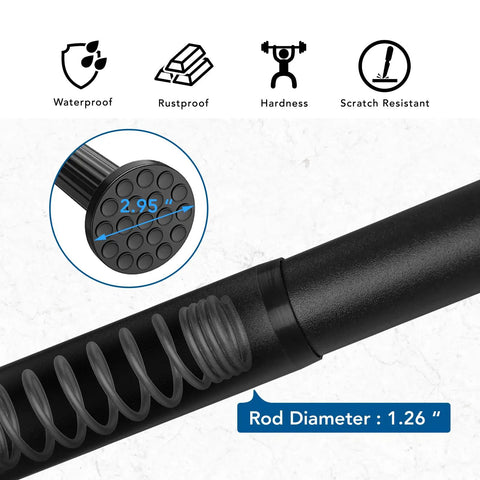 Tension Curtain Rod For Shower And Window Adjustable From 51 To 126 Inches No Drilling No Tools Required Easy Install Rust Resistant, black rod 1.26 inch diameter with grip detail.