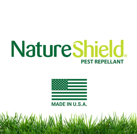 NatureShield Insect And Pest Repellent For Yard And Outdoor Spaces, brand logo with USA flag and grass, product label design