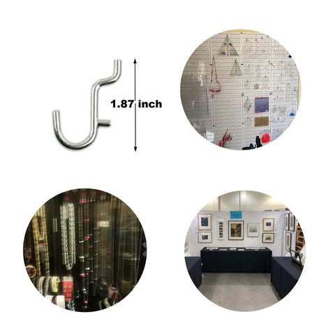 100 Pack Super Value Metal Pegboard J Hooks Set For Jewelry Organization Wall Display Pegboard Accessories with hook dimensions.