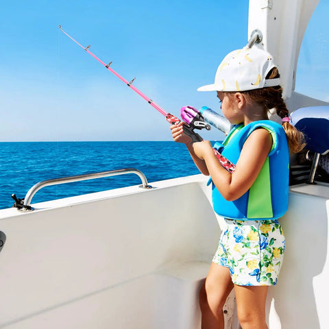 Child fishing with Two Pack Kid Friendly Telescopic Fishing Poles Set With Reel on a boat, wearing a life jacket, ocean background