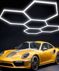 Five Hexagon LED Garage Light Kit With T5 Tube Panels Beastly Bright 6500K Daylight 60,800 Lumens installed above car